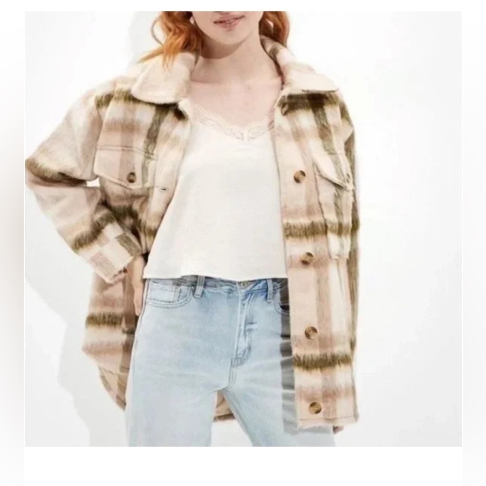 American Eagle Outfitters brushed plaid jacket shacket button down pocket XL NWT